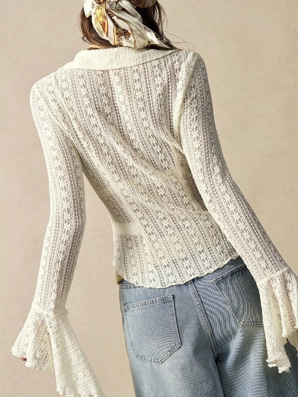 Apricot Boho Women's Lace Knit Flare Long Sleeve V-Neck Blouse